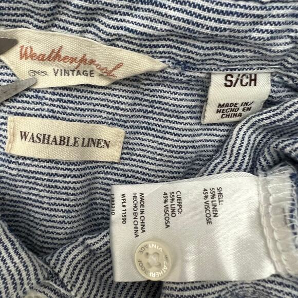 Weatherproof (S) Blue Pinstripe Washable Linen Cap Sleeve Knot Tie Crop Top - Picture 6 of 6